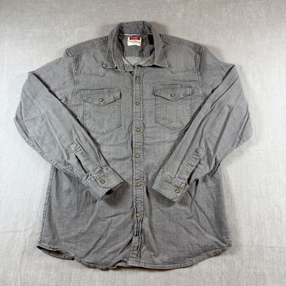 Wrangler Shirt Mens Large Gray Denim Western Pearl Snap Long Sleeve Stretch